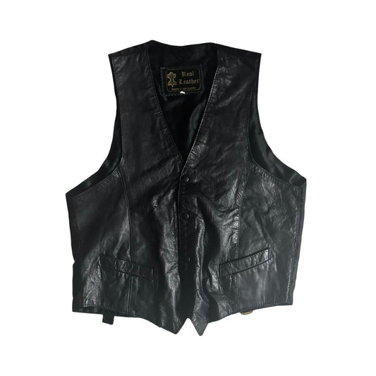 Early 00s y2k REAL LEATHER Made In England Button Up Leather Vest Waistcoat