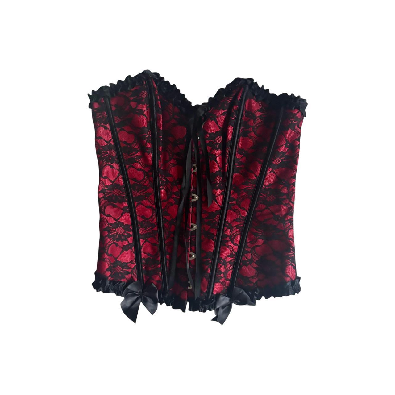 Early 00's y2k UNBRANDED Lace Overlay Frill Ruffle Trim Bow Detail Gothic Corset Top