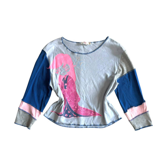 Early 00's y2k YO! JAPAN Graphic Character Print Colourblock Overlock Detail Long Sleeve Top