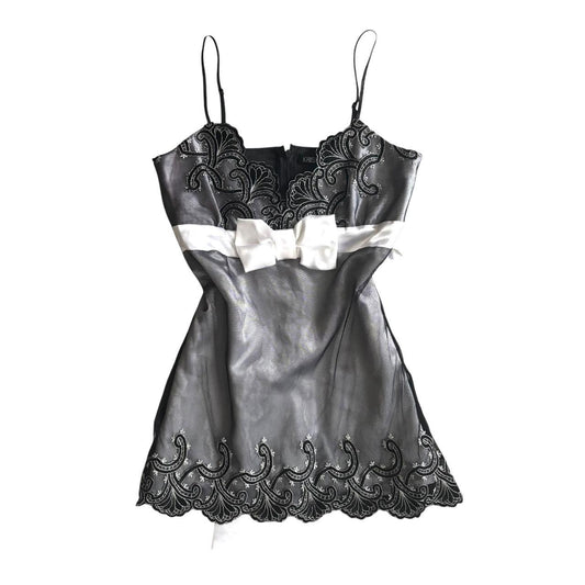 Early 00's y2k KRISP Sheer Overlay Satin Feel Lace Embroidered Trim Bow Belt Detail Mini Dress