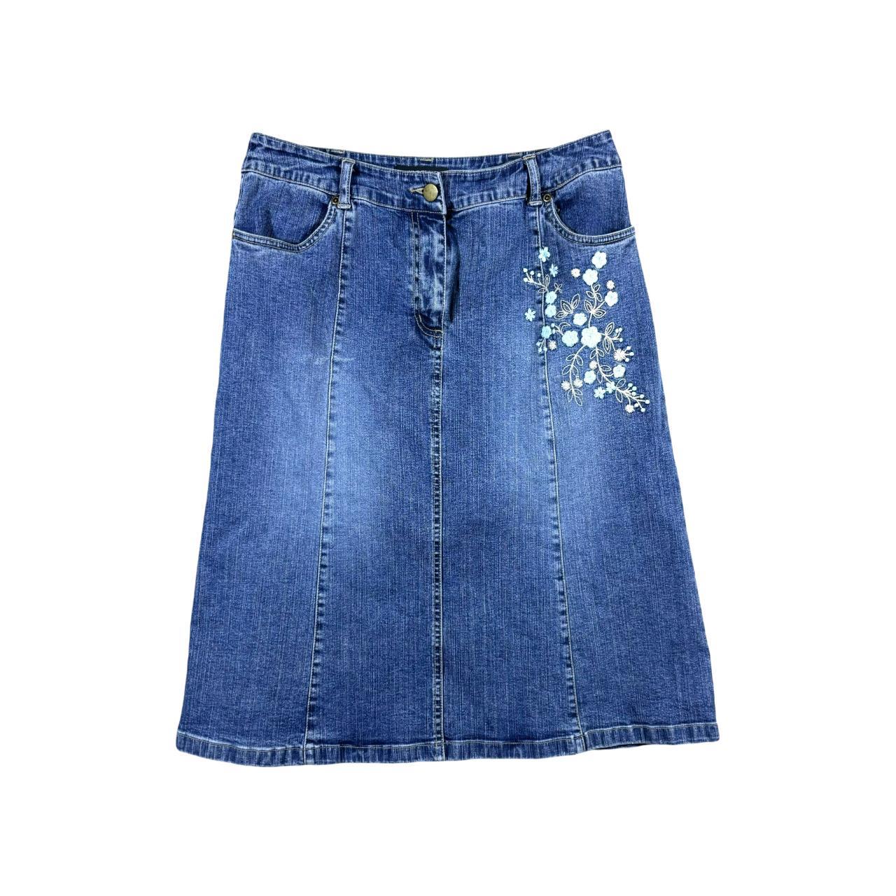 Early 00's y2k UNIVERSAL BHS  Floral Embroidered Western Cowboy Style Low Rise Midi Denim Skirt