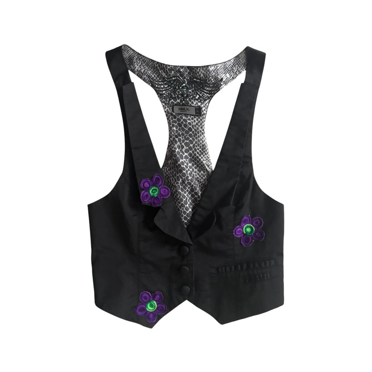 Early 00s y2k ONLY Flower Embroidered Satin Feel Button Up Vest Waistcoat