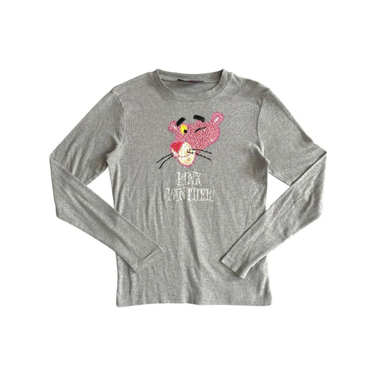 Early 00s y2k PINK PANTHER 2007 Beaded Embellished Graphic Centre Logo Long Sleeve Grey Top