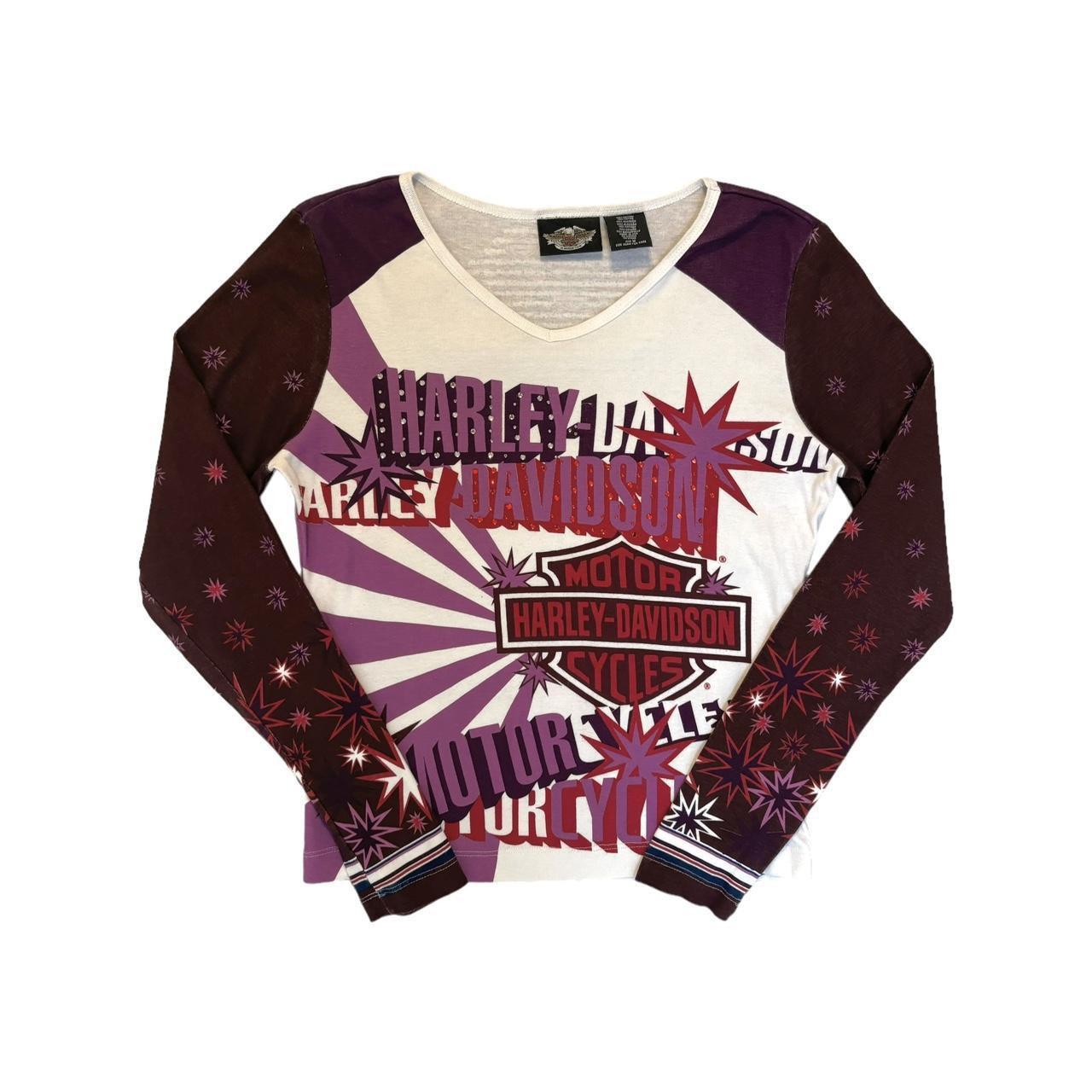 2003 Rare HARLEY DAVIDSON y2k Los Angeles Exclusive Rhinestone Graphic All Over Print Long Sleeve Biker T-shirt