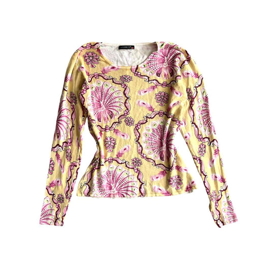 Early 00's y2k LOUISE FD 30% Silk Graphic Embroidered Sequin Pattern Knitted Long Sleeve Top Jumper