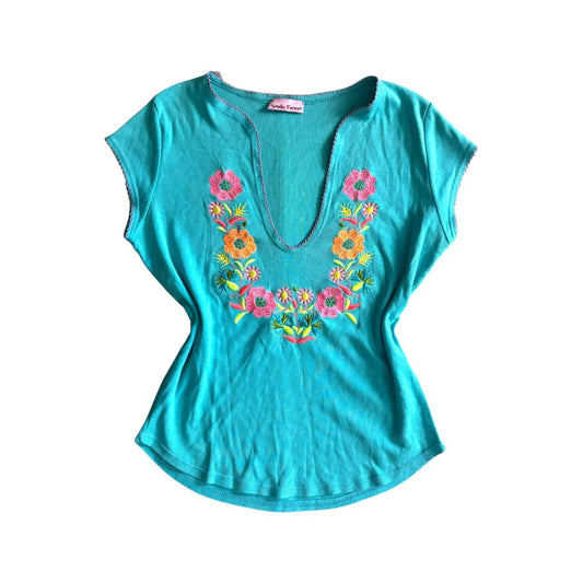 Early 00's y2k STELLA FOREST Embroidered Floral Flower Boho Hippy Baby Tee T-shirt