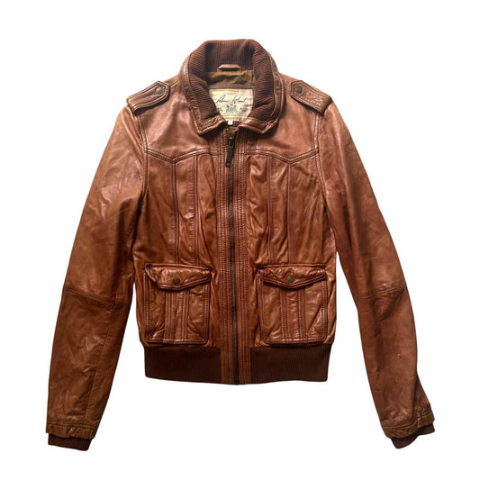 Early 00s y2k RIVER ISLAND Tan Ribbed Trim Biker Bomber Real Leather Jacket