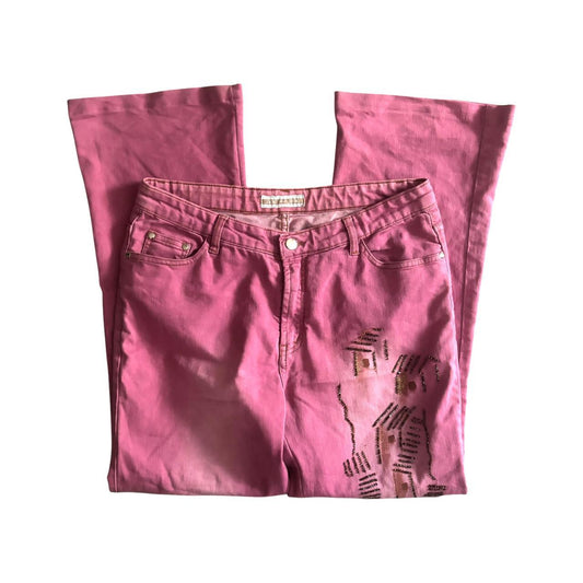 Early 00s y2k JTK JEANS Pink Faded Style Bead Embellished high Rise Flared Denim Jeans