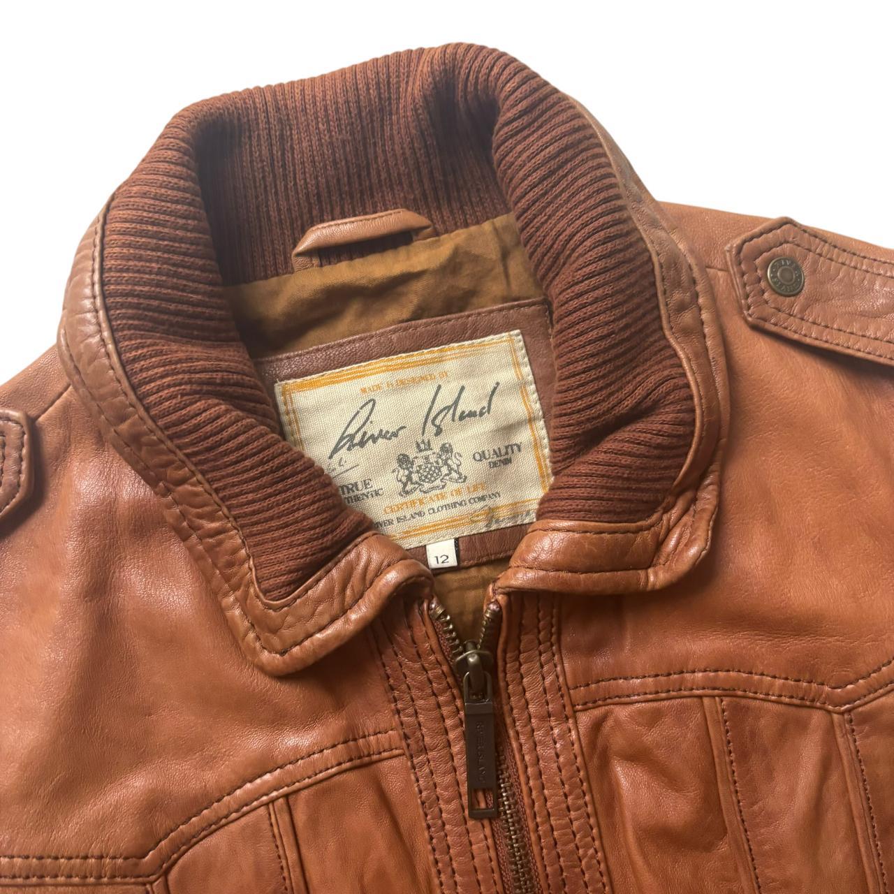 Early 00s y2k RIVER ISLAND Tan Ribbed Trim Biker Bomber Real Leather Jacket