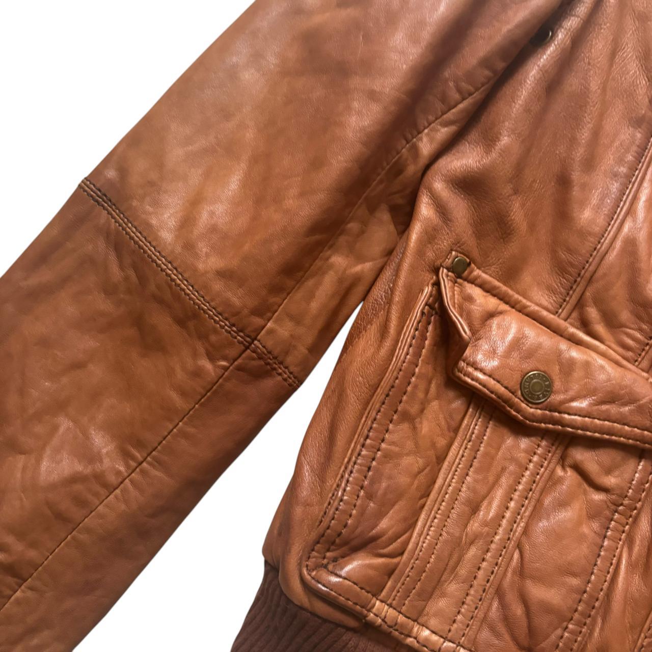 Early 00s y2k RIVER ISLAND Tan Ribbed Trim Biker Bomber Real Leather Jacket