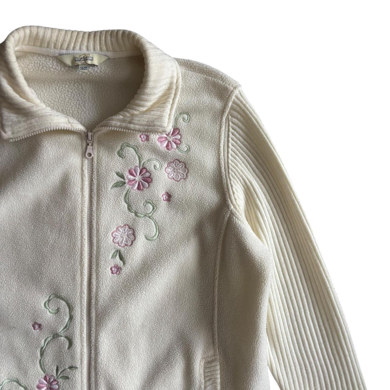 Early 00’s y2k CLASSICS Floral Embroidered Fleece Ribbed Sleeves Full Zip Jumper Sweater