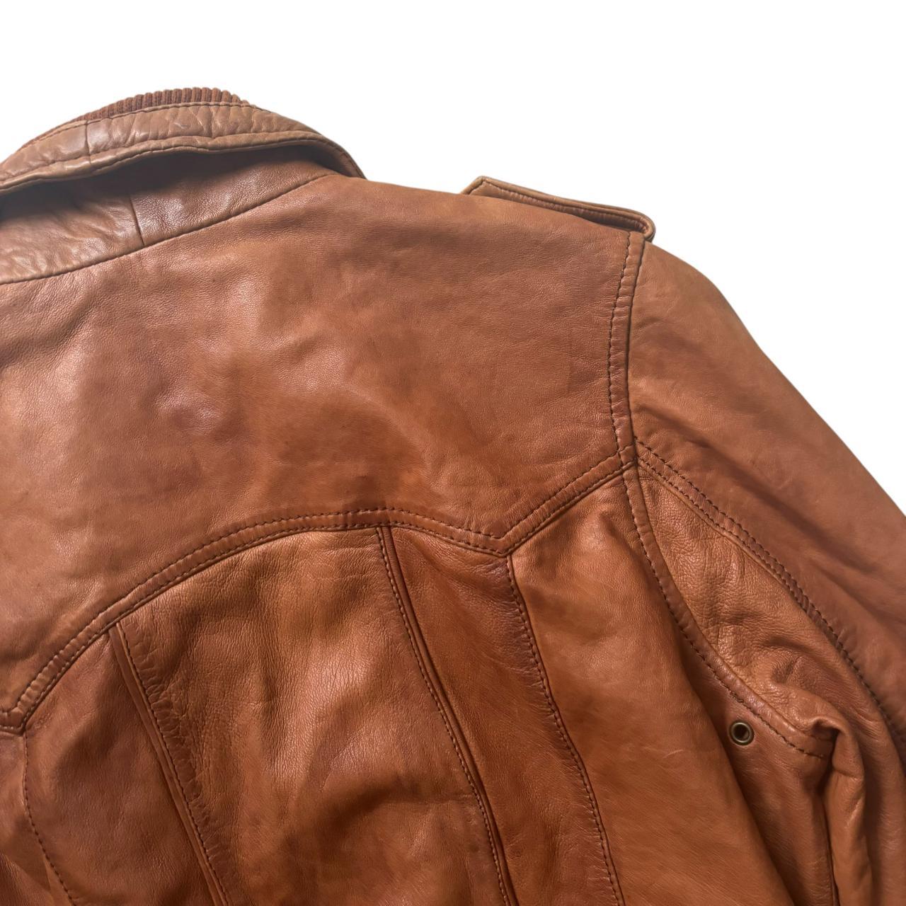 Early 00s y2k RIVER ISLAND Tan Ribbed Trim Biker Bomber Real Leather Jacket