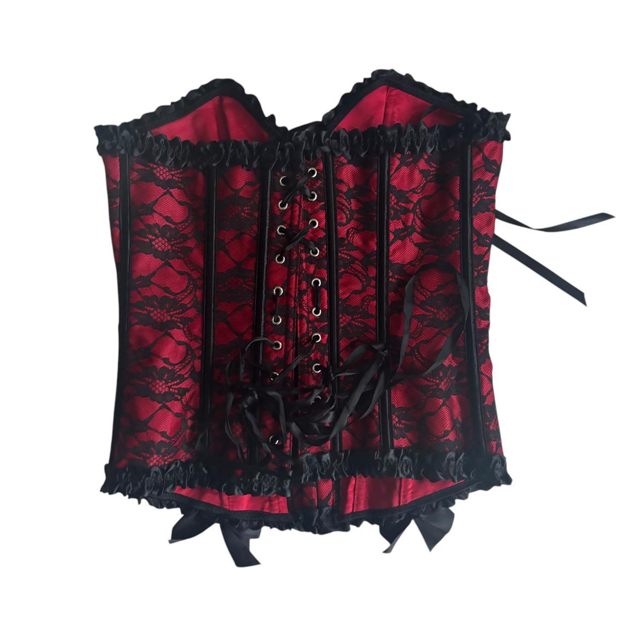 Early 00's y2k UNBRANDED Lace Overlay Frill Ruffle Trim Bow Detail Gothic Corset Top