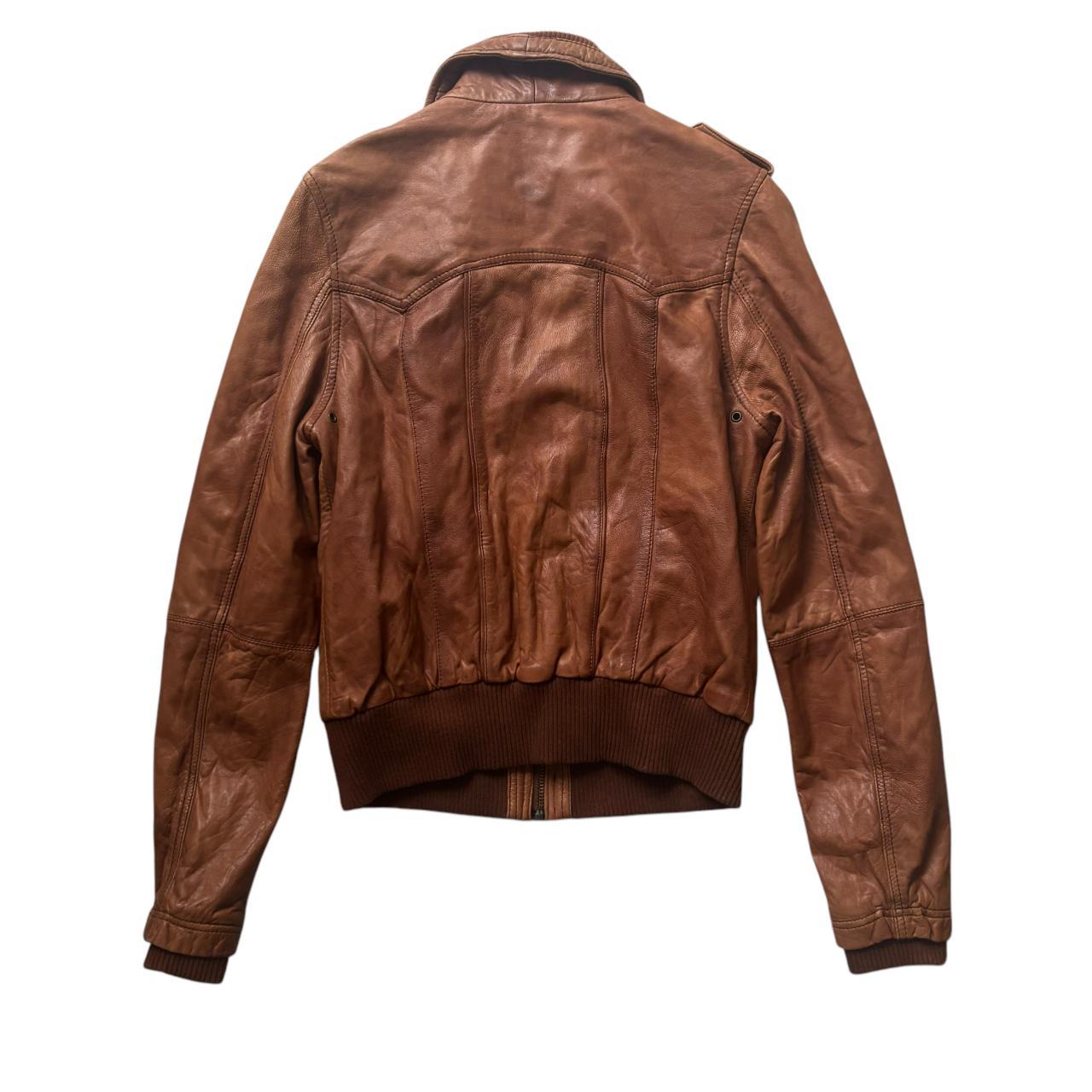 Early 00s y2k RIVER ISLAND Tan Ribbed Trim Biker Bomber Real Leather Jacket